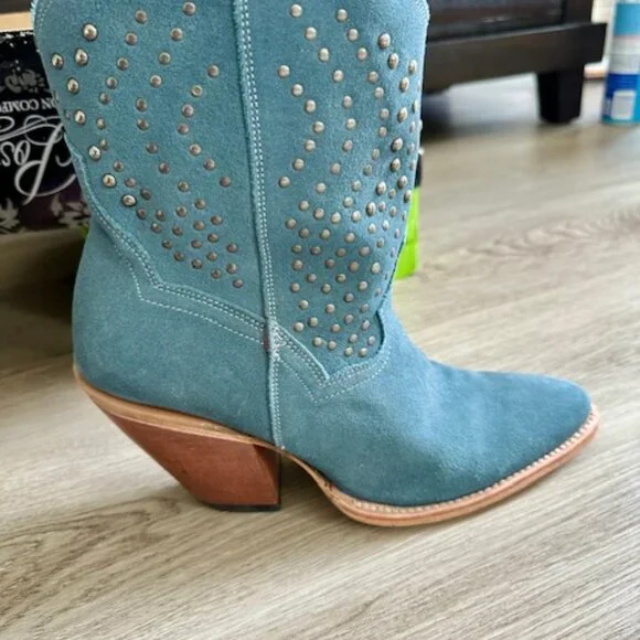 Dan Post Blue Suede / Studded Low Rise Western Style Boots - Picture 2 of 6